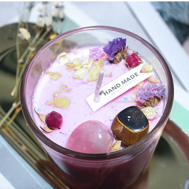 100 গ্রাম হোম ডেকোর হস্তনির্মিত সয়া মোম অ্যারোমাথেরাপি ইকো-ফ্রেন্ডলি হাই ক্রিস্টাল স্টোন শুকনো ফুলের সুগন্ধযুক্ত মোমবাতি পার্টির জন্মদিনের উপহারের জন্য